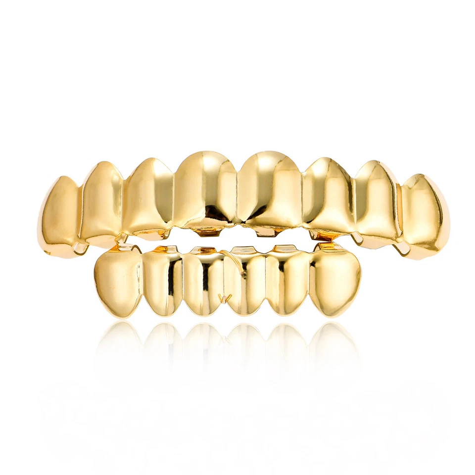 14k Gold Plated Hip Hop Teeth Grillz Caps Top Bottom Silver Grill Set Custom Fit - Image 3 of 4