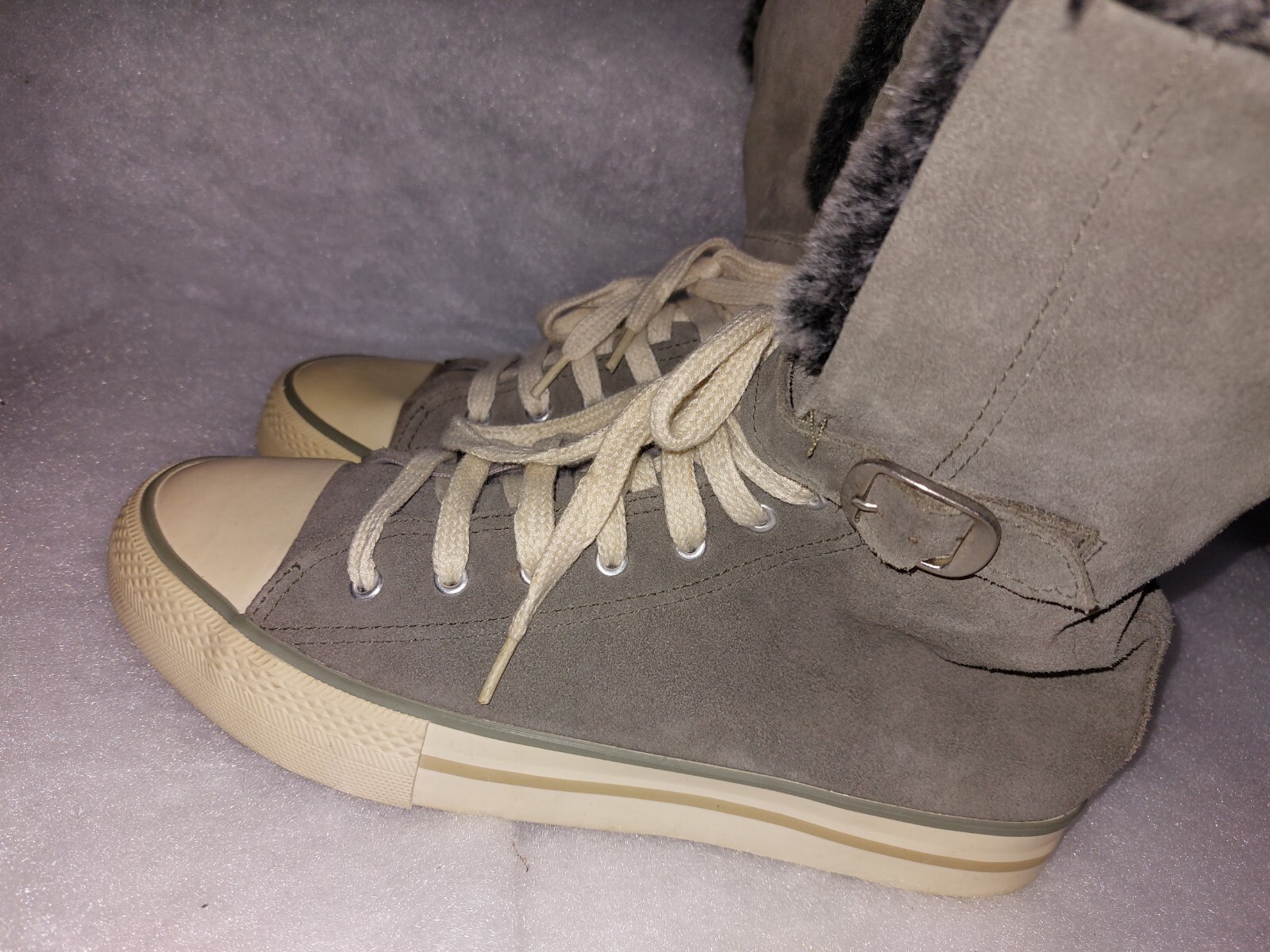 Vintage MOTO  women's grey suede hi top fur trimmed baseball Boots size UK7 EU40 image 6
