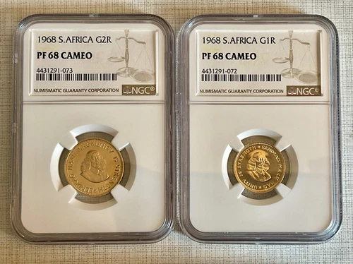 South Africa 1968 Rand & 2 Rand 2pc Gold NGC PF68 Cameo Set Sku# 6107