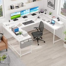126in U Shaped Computer Gaming Desk, Reversible L Shaped Desk With Storage Shelf