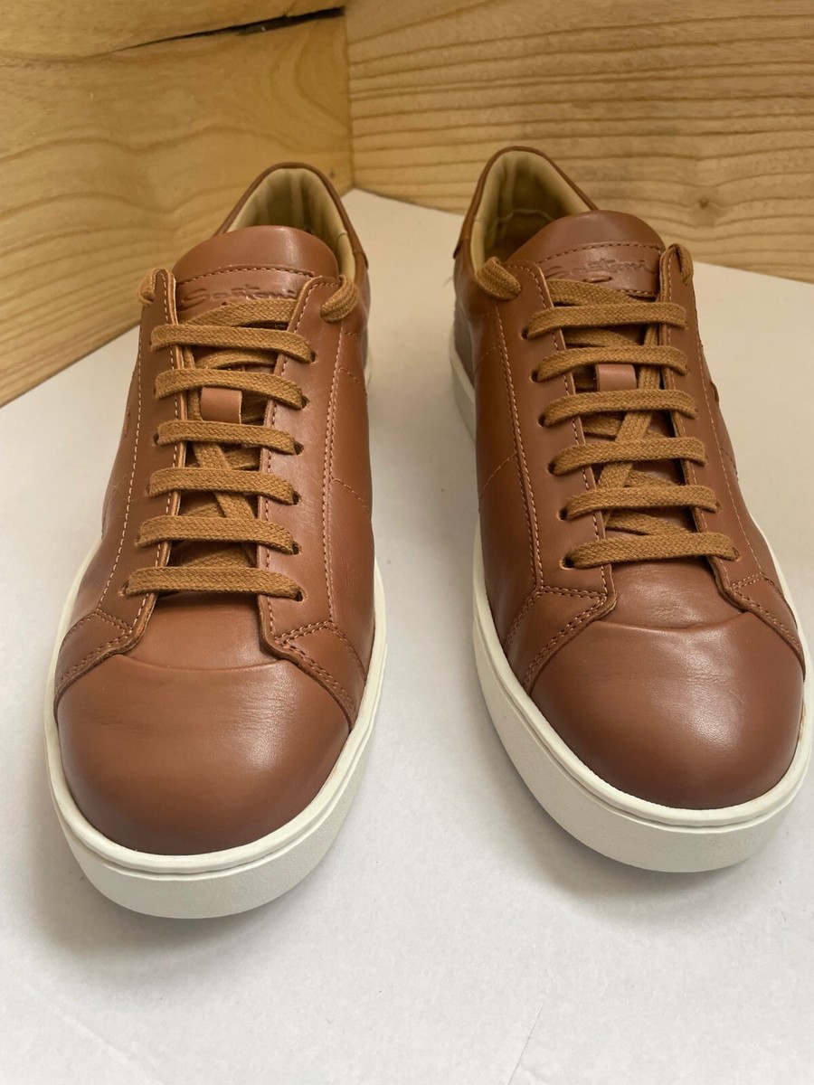SANTONI men's brown Napa leather sneakers shoes made in Italy