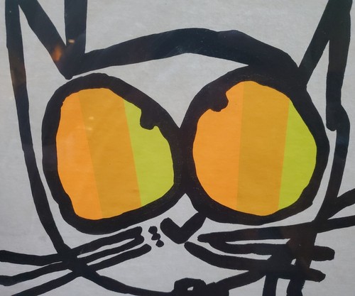RARE Original 1960s BIG Eyed Cat Print Funky Framed Mid Century Art Bright 28x20 - Picture 2 of 11