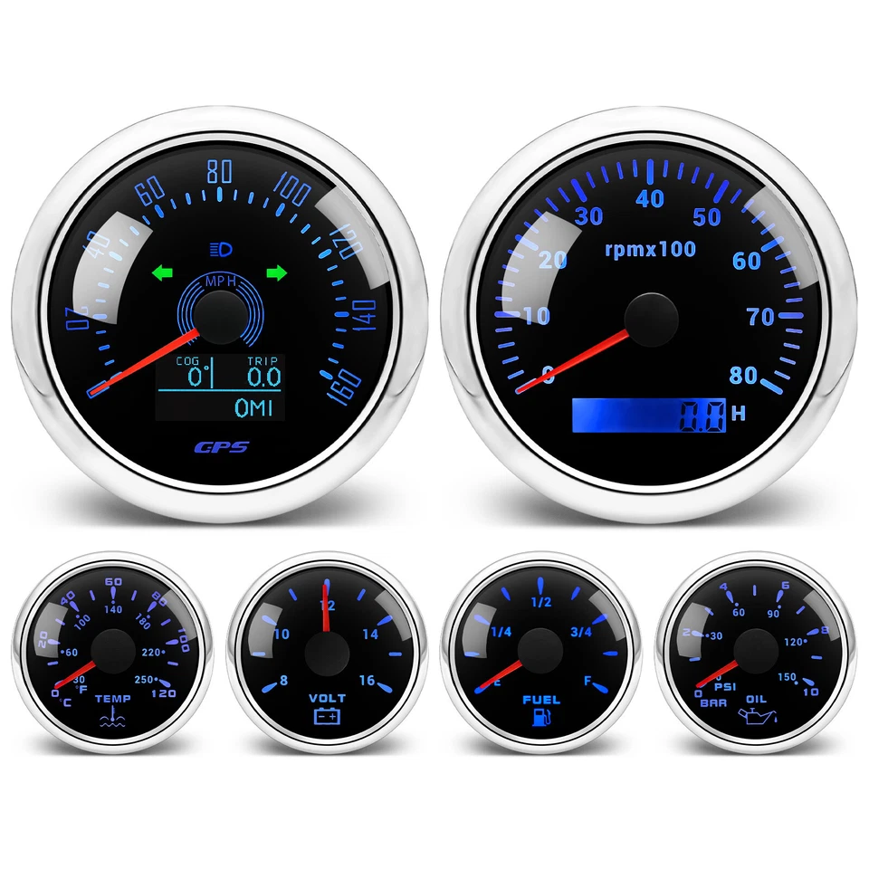 6 Gauge Set 85mm GPS Speedometer 160MPH Tacho&52mm Fuel/Oil/Temp/Volt Gauge US - Image 3 of 4
