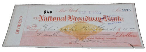 MARCH 1900 CENTRAL NEW ENGLAND RAILWAY NEW HAVEN COMPANY DIVIDEND CHECK #1575