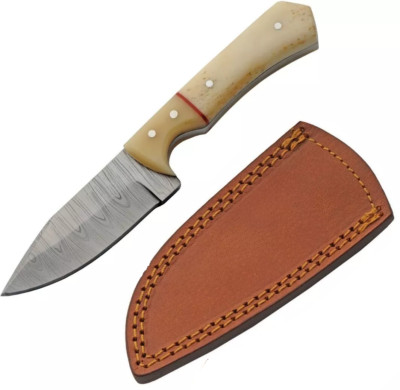 Damascus Fixed Knife 3 Damascus Steel Skinner Full Tang Blade Smooth Bone Handle