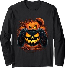 Halloween Jack O Lantern Pumpkin Face Gamer Gaming Long Sleeve Tshirt