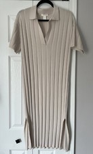 H&M Women’s Knit Grey Beige Midi Short Sleeve Dress w/ Collar Size XS