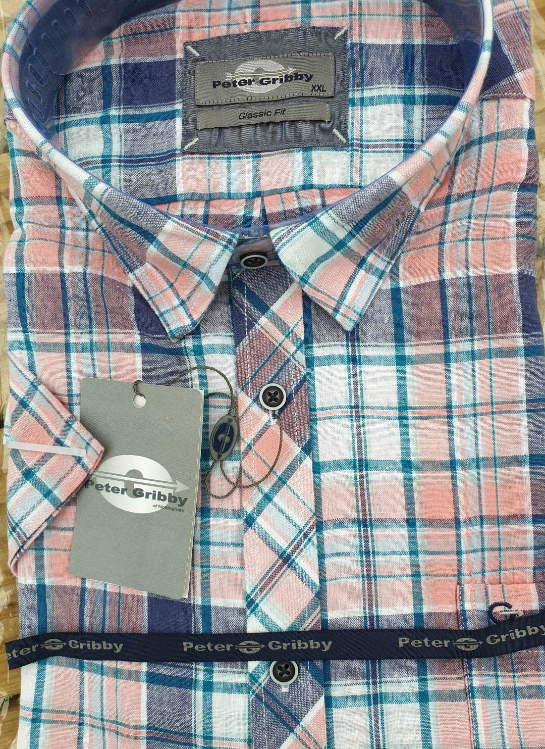 PETER GRIBBY COTTON/LINEN PEACH CHECK SHORT SLEEVE SHIRT 2XL3XL4XL5XL6XL7XL8XL