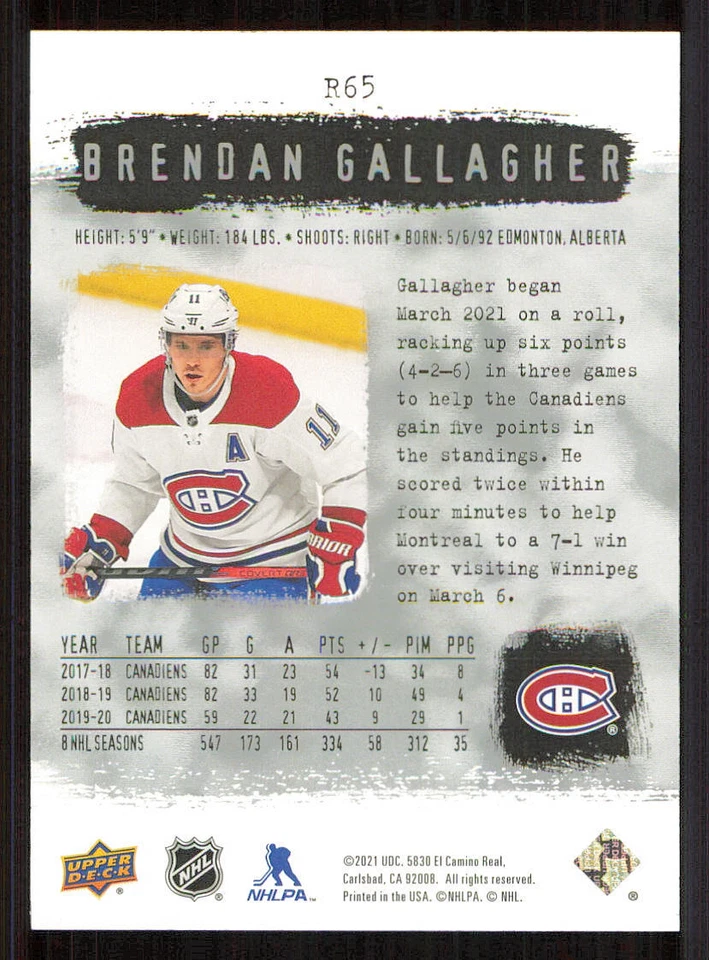 2020-21 SP Authentic '00-01 Retro #R65 Brendan Gallagher - Image 2 of 2