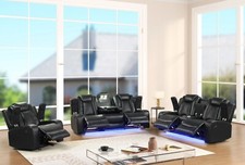 NEW LED 3PC Sofa Loveseat Chair Recliner Set Black Leather Gel Bluetooth Speaker