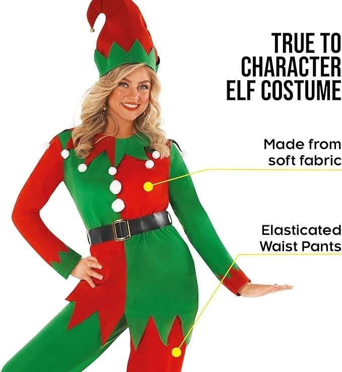 Женский красный зеленый классический рождественский костюм эльфа костюм помощника взрослого Санты Xmas - Изображение 3 из 4