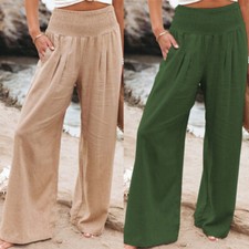 Wide Leg Trouser Cotton Linen Women's Long Pants Elasticated Waist Bottoms
