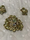 Vintage jewelry Signed Eisenberg  Rhinestone Gold Tone Brooch & Earring Set