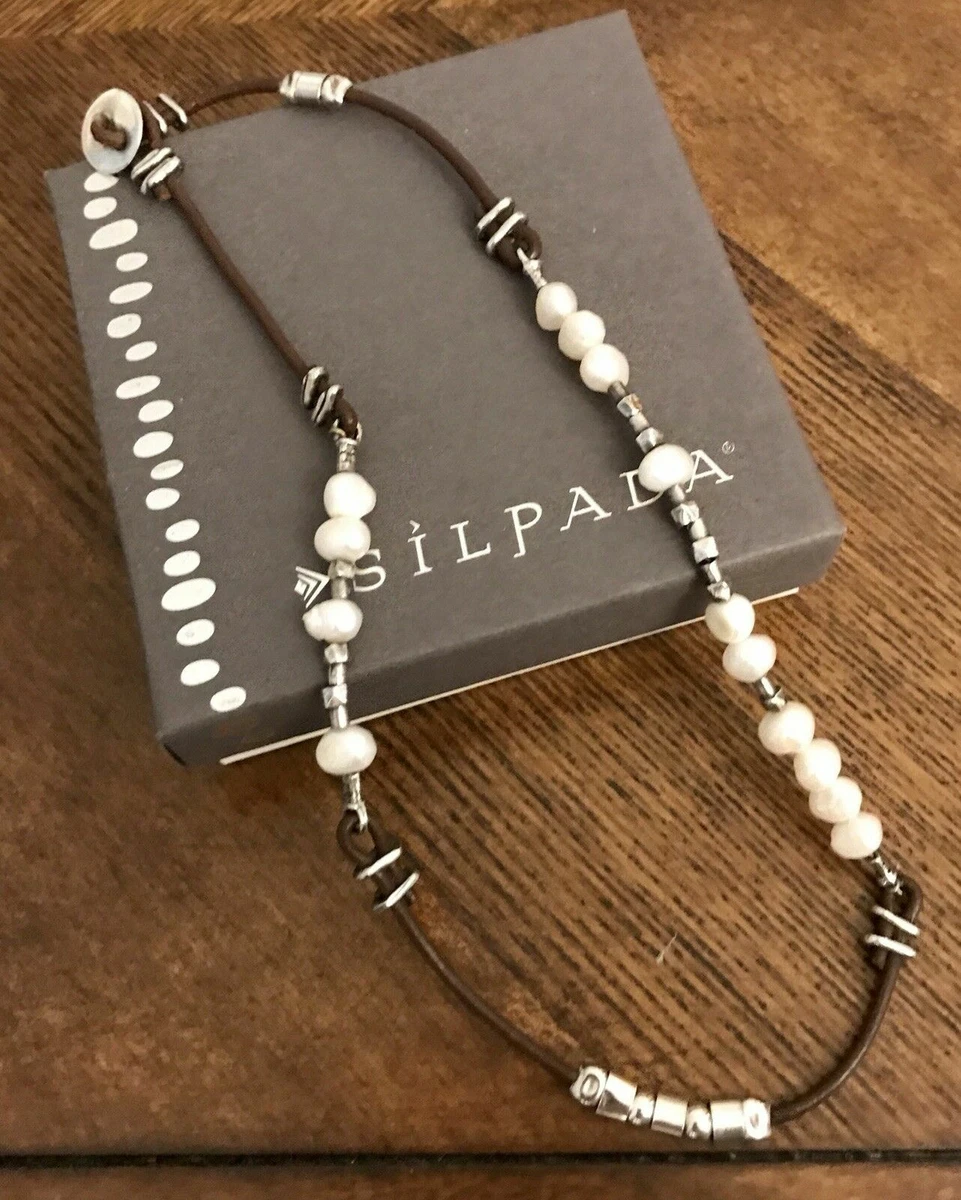 Silpada N1063 Sterling Silver 925 Button Leather Pearl Necklace
