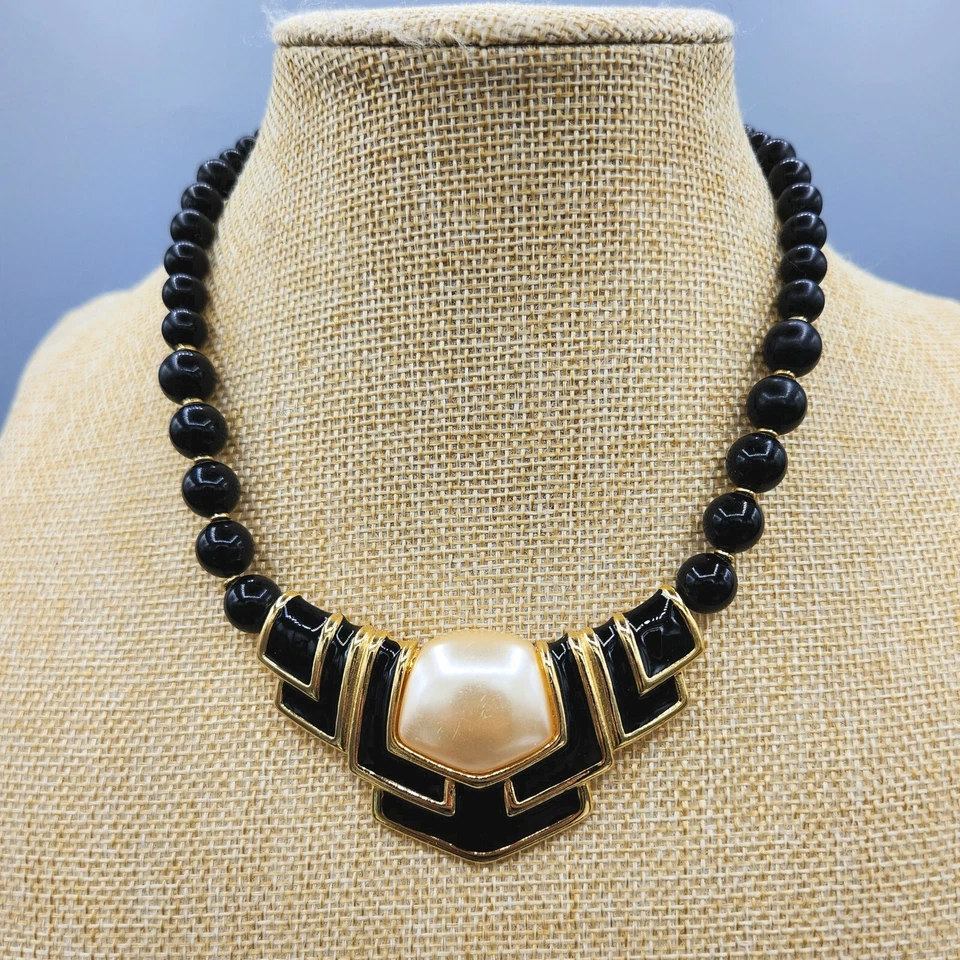1980s Napier Black Enamel Lucite Gold Tone Faux Pearl Necklace & Clip Earrings - Image 3 of 4