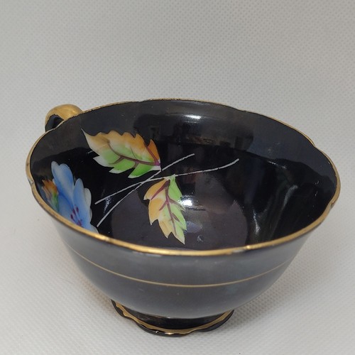 Chugai China Black with Pink and Blue Peonies Tea Cup and Saucer, Japan - Picture 9 of 10
