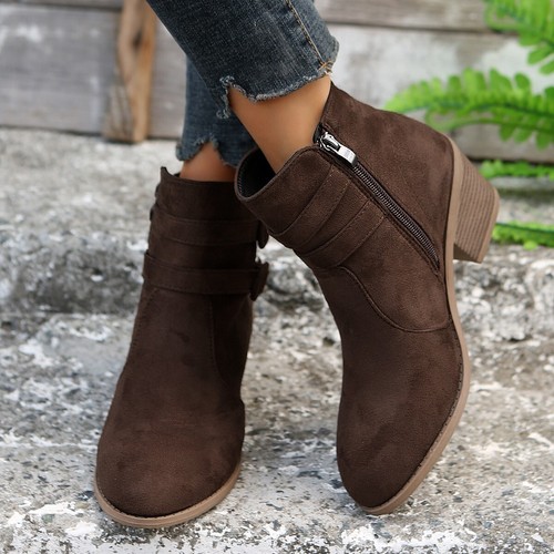 Damen Stiefeletten Blockabsatz Faux Wildleder Seite Reißverschluss Schnalle Schu - Bild 3 von 21
