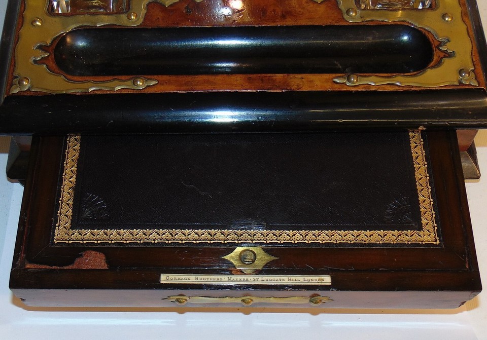 19C VICTORIAN BURR WALNUT STATIONARY BOX INKSTAND BY CORMACK BROTHERS