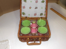 VINTAGE PLAY TIME GREEN  PINK CERAMIC TEA SET IN A BASKET