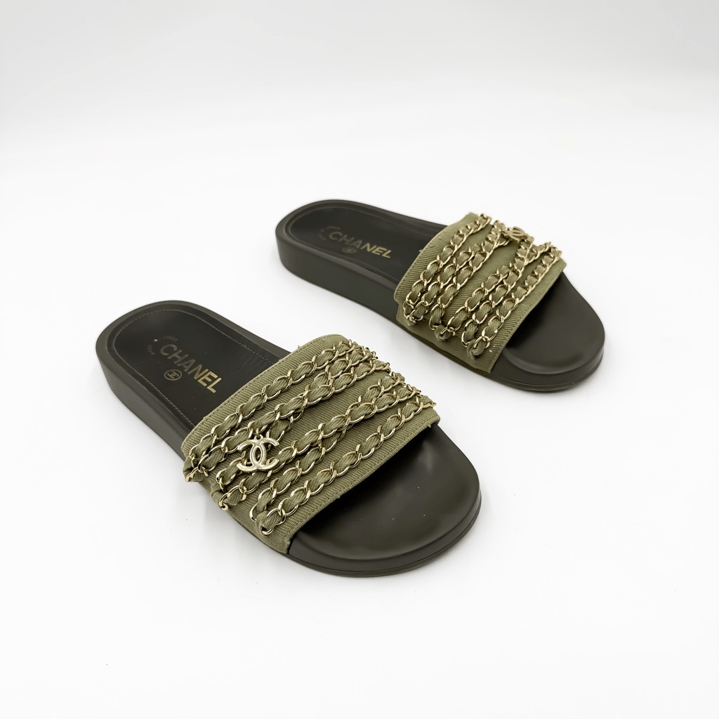 Chanel CC Chain Slide Sandals Size Eu 37 Green Khaki Canvas Slip