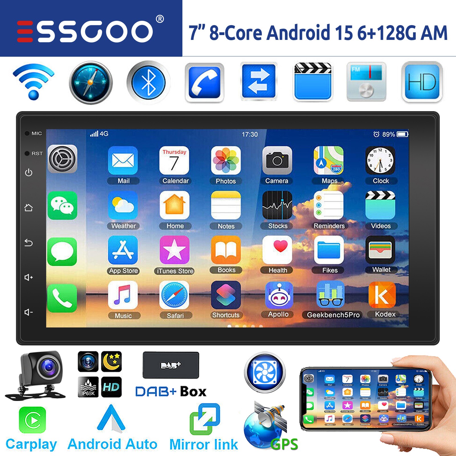 Autoradio DAB+ 8Core Android 15 con GPS e Bluetooth