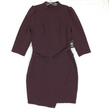Express Womens Dress Sheath Belted Mock Neck Puff Sleeve Purple Burgundy M New