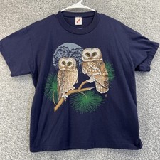 Vintage Owl Shirt XL Navy Wildlife Graphic Tee Jerzees Made in USA 1988 80s