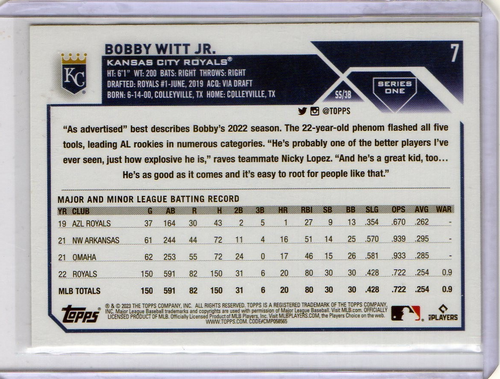2023 Topps Series 1 - Bobby Witt Jr. #7 - Picture 2 of 2