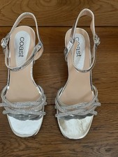 Coast Diamanté Silver 7cm  Block Heel Sandals Bridal Prom Bridesmaid Size 3