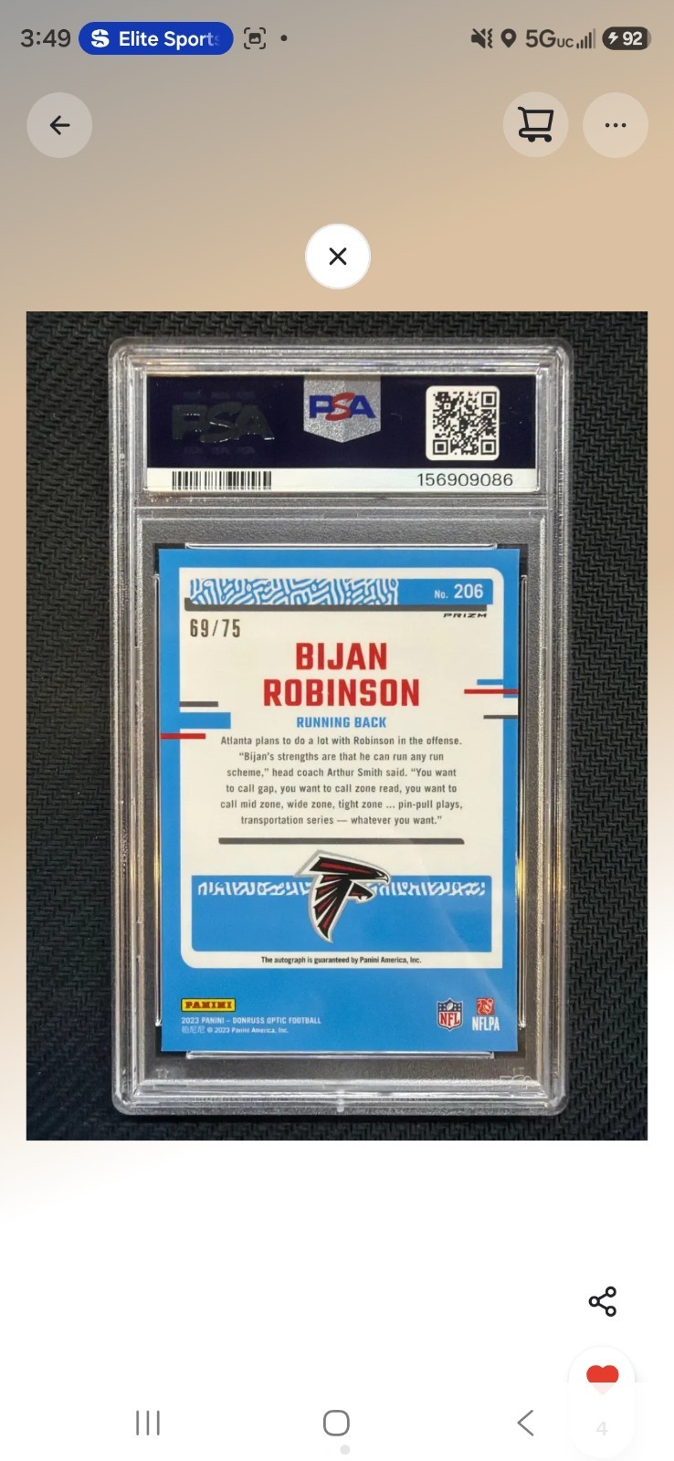 2023 Panini  Optic Bijan Robinson Rated Rookie RPS Auto /75 PSA 9 Red Refractor  view 2