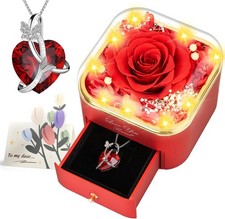 Preserved Red Real Rose with Necklace Jewelry Box -Eternal Flowers Rose Gifts...