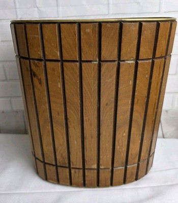 MCM Ransburg Walnut Wood Slat Paneled Oval Trash Can Bin Wastebasket Mid Century
