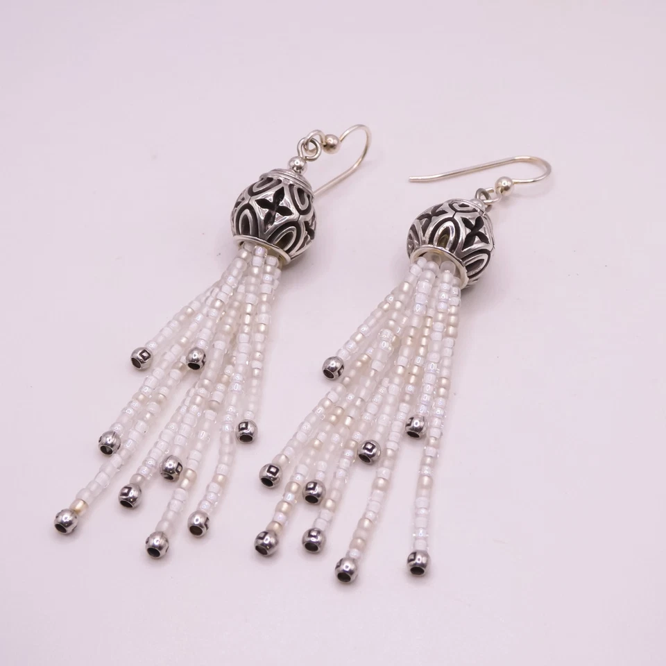 Brighton Boho Roots White Beaded Tassle 3.3" Womens French Wire Pierced Earrings - Image 3 of 4