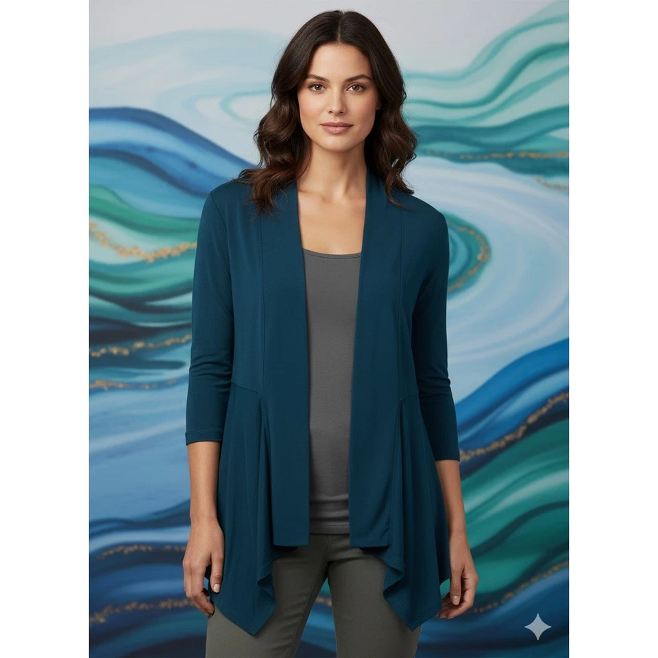 Cárdigan abierto etéreo arte minimalista Susan Graver tejido líquido para mujer M Foto 2 de 4