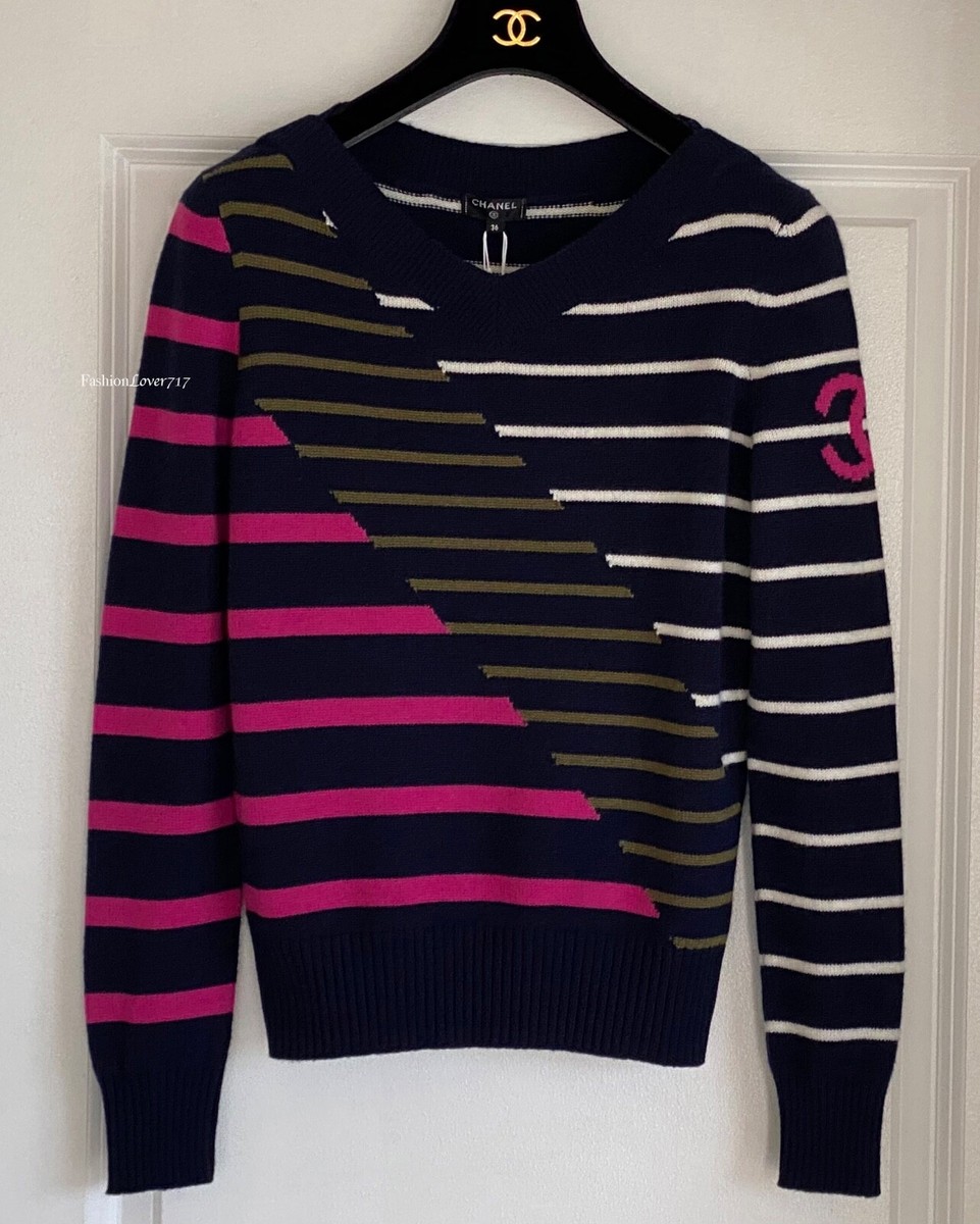 CHANEL シャネル P52 2015 Striped Sweater 3/4 Sleeve Knit Tops ハートニット アイボリー ブラック 34 CHANEL シャネル P52 2015 Striped Sweater 3/4 Sleeve Knit Tops