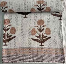 Elegant Handmade Cotton Brown White Kantha Quilt King Size Bedspread Blanket