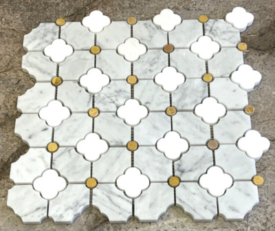 Weiße Carrara / Gold Marmor Maison Fleur Blume Mosaikplatte 300x300mm