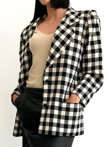 GIACCA BLAZER DA DONNA A QUADRI Taglia 46 UNGARO NERO BEIGE LANA VINTAGE |  eBay