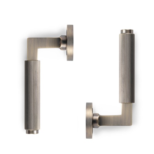 Antique Brass Reeded Lever on Rose Door Handle Pair Sprung Internal Quality - Picture 4 of 5