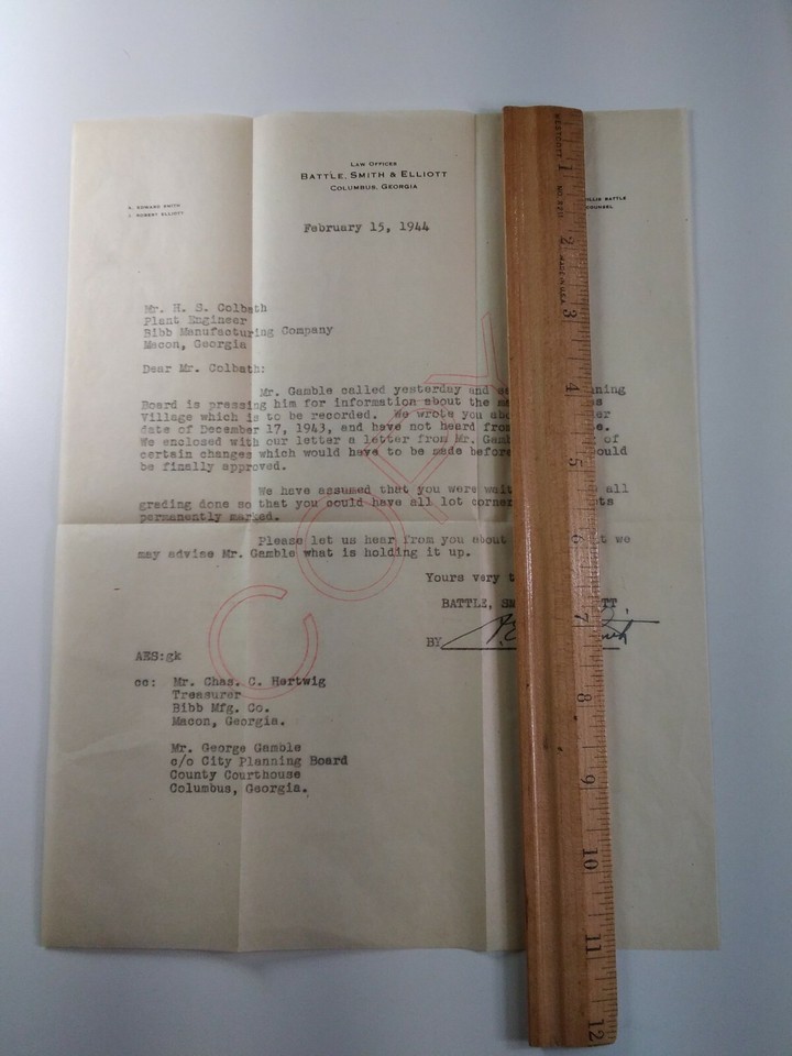 Columbus GA Document 1944 Bibb Mfg Battle Smith Elliot Mill Village