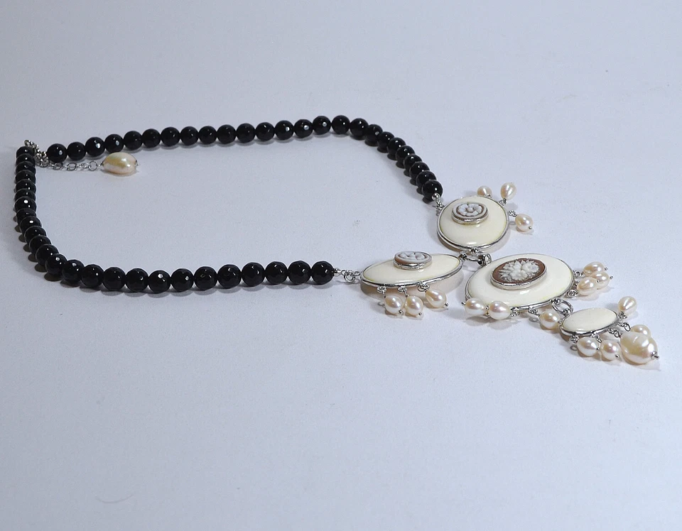 COLLANA IN ARGENTO 925 CON ONICE  E CAMME  SARDONICO FIORI          - AGLN 0229- - Immagine 2 di 3