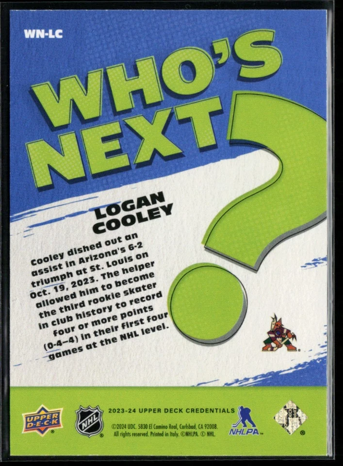 2023-24 Upper Deck Credentials Who's Next? #WN-LC Logan Cooley RC - Image 2 of 2