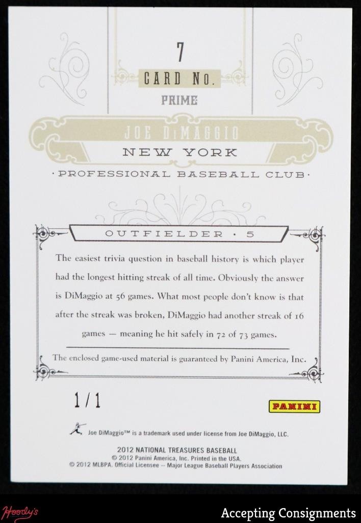 2012 National Treasures Prime Joe DiMaggio GAME-USED SPALDING TAG PATCH 1/1 view 2