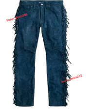 Mens Blue Suede Lambskin Leather Fringe Pants Motorcycle Party Biker Style Wears