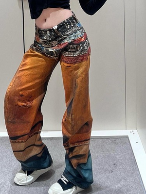 #ad 3D oil painting belt 3D printed jeans women#x27;s summer loose wide leg pants $57.98