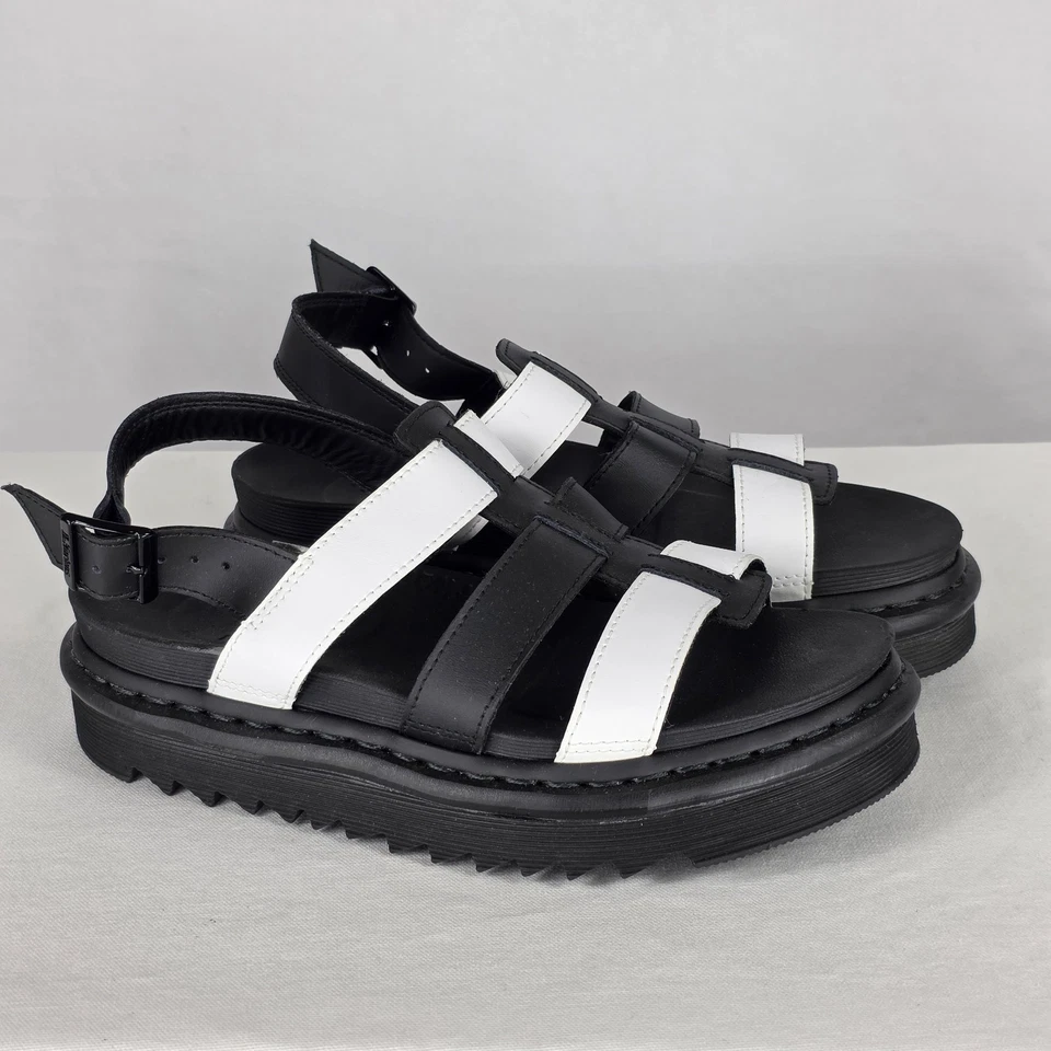 Sandalias Dr Martens Talla 8 Yelena Negro Blanco Cuero Plataforma Gruesas Tiras Foto 3 de 4