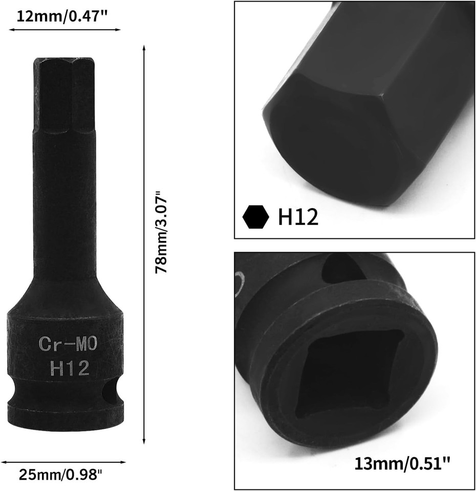 YXQ H12 (12mm) Hex Impact Bit Socket, 1/2-Inch Drive Allen Socket 1/2 ...