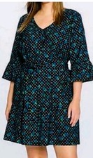 Draper James Eloquii Dress 12 Floral Black Polka Dot Belted Flounce Bell Sleeve