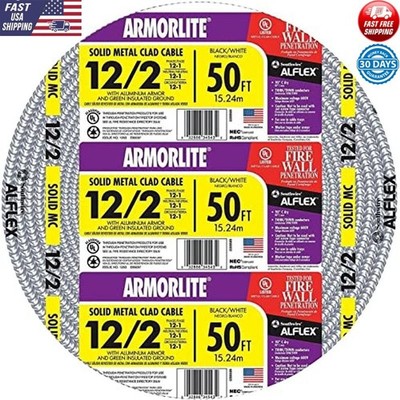 50ft 12Gauge 2Conductor MC Cable Aluminum Interlocking Armor THHN THWN New