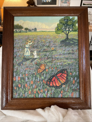 Beautiful Vintage Naive Folk Art Oil Painting of Woman Dog Field Flowers Monarch